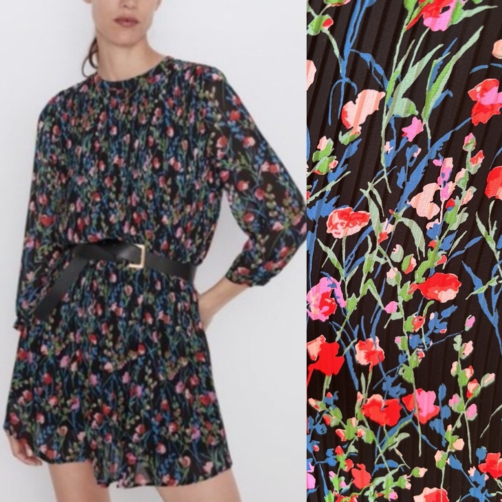 Zara The Annie Dress Floral Pleated Mini Flowy Dress XL Cottage Core Soft Girl